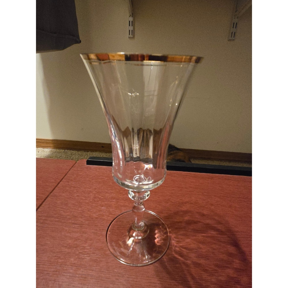 Vintage Gold Rimmed Crystal Water Goblet Paneled Optic Stemware Glass